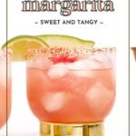 A pink watermelon margarita garnished with lime and chili powder on the rim, labeled as "sweet and tangy.