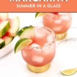 Two glasses of watermelon margarita with lime slices and watermelon wedges on a table. Plate with watermelon slices in the background. Text reads "Watermelon Margarita" and "Get the Recipe.