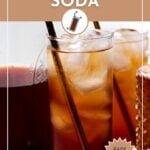 A glass of refreshing coffee soda with a straw sits beside a pitcher of coffee and a glass container, labeled “COFFEE SODA” and “EASY TO MAKE.”.
