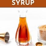 A bottle of amber-colored demerara syrup sits between a jigger and a bowl of demerara sugar on a white background, with text promoting an easy recipe.