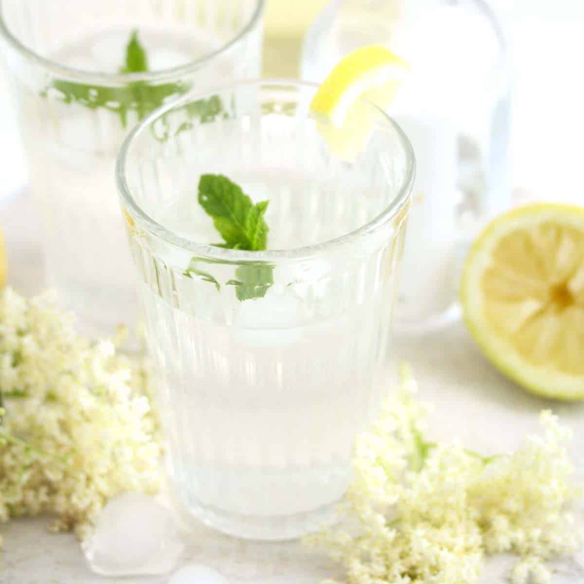 A glass of clear lemonade with ice, a sprig of mint, and a lemon wedge garnish, surrounded by elderflowers, lemon halves, and a second glass in the background.
