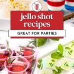 Collage of various jello shots including white with gold sprinkles, red-white-blue layered, red with berries, and green-lime decorated jello, with text: "Jello Shot Recipes Great For Parties.