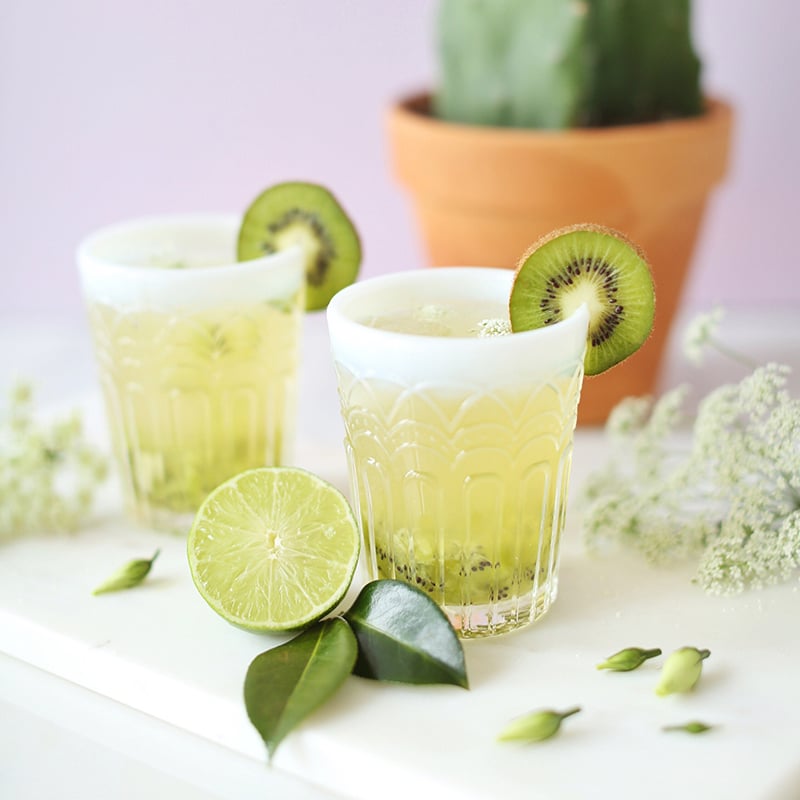 Two glasses of a light green drink garnished with kiwi slices, with lime, leaves, and white flowers nearby; a potted cactus is in the background.