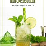 A glass of virgin mojito with ice, mint leaves, and a lime wheel garnish, placed on a white surface with cocktail tools and fresh mint in the background.