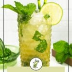 A tall glass of mojito mocktail with ice, mint leaves, a lime wheel, and green straws, set on a white surface with mint and lime in the background.