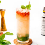 A glass of mint julep cocktail with crushed ice, mint leaves, and a straw, accompanied by bitters, a jigger, and a small carafe on a white surface.