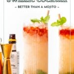 Two tall glasses of Queen’s Park Swizzle cocktail with mint garnish sit on a white surface, next to a bottle of bitters and bartending tools. Text reads: "queen’s park swizzle cocktail—better than a mojito.