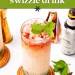 A Queens Park Swizzle cocktail with crushed ice, mint garnish, and layered colors sits on a coaster next to mint leaves, bitters, and bar tools.