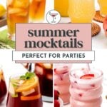Four different colorful summer mocktails in glasses, with text overlay reading "summer mocktails perfect for parties" and website "feastandwest.com" at the bottom.