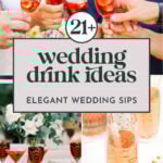 People clinking glasses with red cocktails at a wedding, with images of elegant drinks and floral decor, and text promoting Signature Cocktails for Weddings to inspire your celebration.