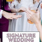 Three people in formal attire hold cocktails, with one person in a white wedding dress, perfectly showcasing Signature Cocktails for Weddings and inspiring unique drink ideas for your celebration.