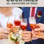 Four people in formal wedding attire clink glasses with a red cocktail, highlighting Signature Cocktails for Weddings, with text overlay promoting the perfect drinks for your special day.