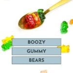 A gold spoon holds colorful gummy bears on a white surface with more gummy bears scattered around, and the text "Boozy Gummy Bears" and "FEASTANDWEST.COM" displayed below.