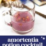 A clear mug with a pink, glittery drink containing flower petals sits on a white surface near a wand, books, and potion bottles. Text reads: "Amortentia potion cocktail—floral, sweet & magical.