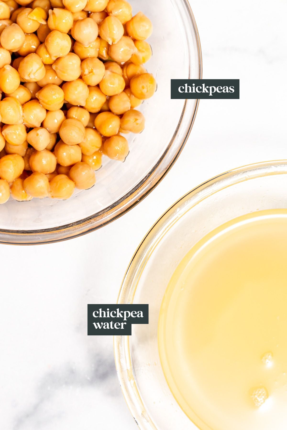 Two glass bowls, one containing cooked chickpeas and the other containing chickpea water, labeled "chickpeas" and "chickpea water" respectively.