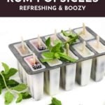 A mold of blackberry rum popsicles with wooden sticks is shown, garnished with mint leaves and fresh blackberries. Text reads "Blackberry Rum Popsicles: Refreshing & Boozy.