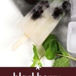 A blackberry mojito popsicle with visible blackberries and mint leaves, placed on a marble surface with ice cubes and fresh mint nearby.