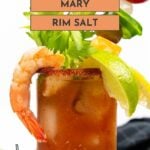 A Bloody Mary cocktail garnished with celery, shrimp, lime, and skewered vegetables, served in a glass with a salt rim. Text reads "Bloody Mary Rim Salt" and "feastandwest.com".