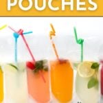Four colorful cocktail drinks in clear plastic pouches with straws, garnished with fruit and mint, displayed under a banner reading "Cocktail Pouches.