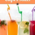 Four clear drink pouches with colorful straws, filled with different fruity beverages and garnished with mint and lemon slices, labeled "boozy capri suns.