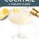 A French 75 cocktail garnished with a lemon twist, served in a coupe glass, with lemon slices and a jigger in the background. Text reads: “French 75 Cocktail. Get the recipe. Feastandwest.com”.