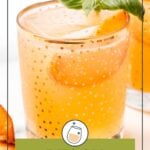 A glass of peach mocktail garnished with basil leaves and peach slices, with another similar drink in the background. Text reads: "Peach Mocktail, Easy to Make.
