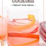 A clear glass filled with a pink rhubarb cocktail, garnished with curled rhubarb ribbons, sits on a white surface next to another glass. Text above reads "rhubarb cocktail: vibrant pink drink.