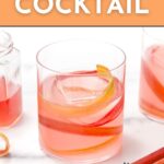 A glass of pink rhubarb cocktail with rhubarb ribbons, next to another glass and a small jar, with text promoting a recipe from feastandwest.com.