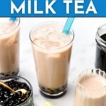 Three glasses of iced tiger milk tea with blue straws are shown, surrounded by tapioca pearls, a jar of syrup, and a pitcher of milk tea. Text reads: "How to make homemade tiger milk tea.