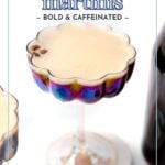 A scalloped glass filled with a foamy batch espresso martini sits on a coaster next to a dark bottle; text reads "batch espresso martinis, bold & caffeinated.