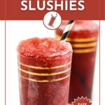 Two tall glasses of red Cheerwine bourbon slushies with striped straws are shown on a white background, with text promoting the recipe.