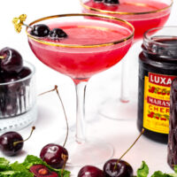Two coupe glasses with red cherry cocktails, garnished with cherries, sit beside a jar of maraschino cherries, fresh cherries, and mint leaves on a white surface.