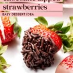 Close-up of strawberries dipped in chocolate, some with chocolate sprinkles, on a white surface. Text overlay reads "chocolate dipped strawberries easy dessert idea.