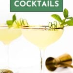 Two gin cocktails garnished with cucumber slices and mint, shown with a gold jigger and cocktail strainer on a white surface. Text reads “21 Gin Cocktails.”.