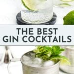Two gin cocktails: one in a clear glass with lime and ice, and one in a metallic mug with cucumbers, lime, mint, and ice. Text reads "The Best Gin Cocktails.