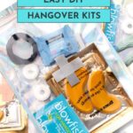 A flat lay of DIY hangover kits containing an eye mask, wipes, mints, and hangover tablets in holographic bags, labeled "Easy DIY Hangover Kits.