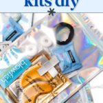 Holographic bags containing DIY hangover kits with face masks, mints, pain relief tablets, and hair ties.