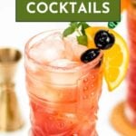 A tall glass of iced rum cocktail garnished with an orange slice, mint, and cherries; text overlay reads "17+ Rum Cocktails.