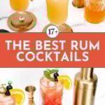 Two images of rum cocktails garnished with orange slices and cherries, shown with cocktail tools and text overlay reading “The Best Rum Cocktails.”.