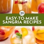 A glass pitcher and glasses of sangria with fruit, alongside text that reads “20 Easy-To-Make Sangria Recipes,” and a website address at the bottom, showcasing refreshing sangria recipes for any occasion.