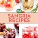 A collage of four vibrant sangria drinks in glasses with fruit and herbs, featuring the text "20 Sangria Recipes" in the center—perfect inspiration for anyone seeking new sangria recipes.