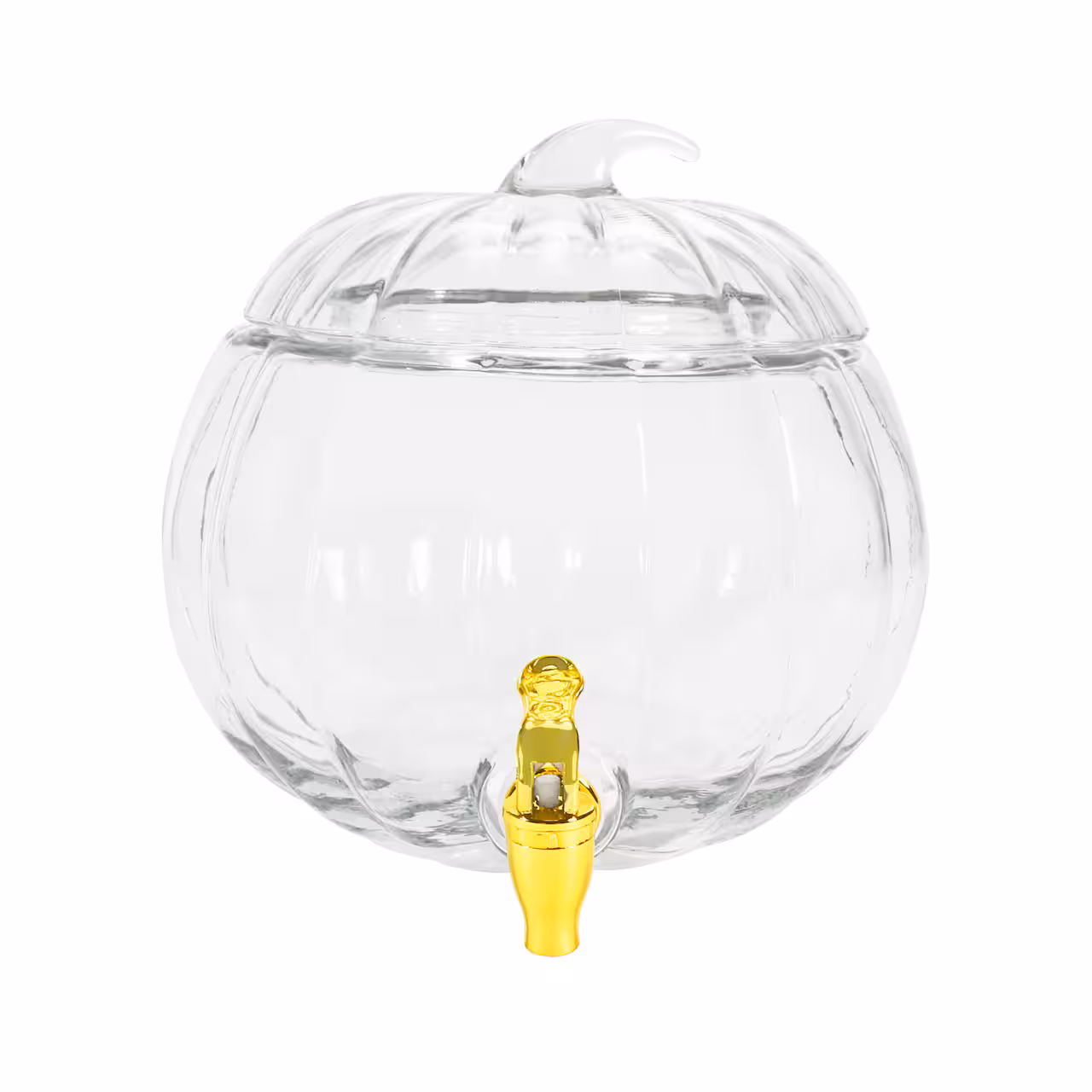 Clear glass pumpkin-shaped beverage dispenser with a lid and a gold-colored spigot, shown on a white background.