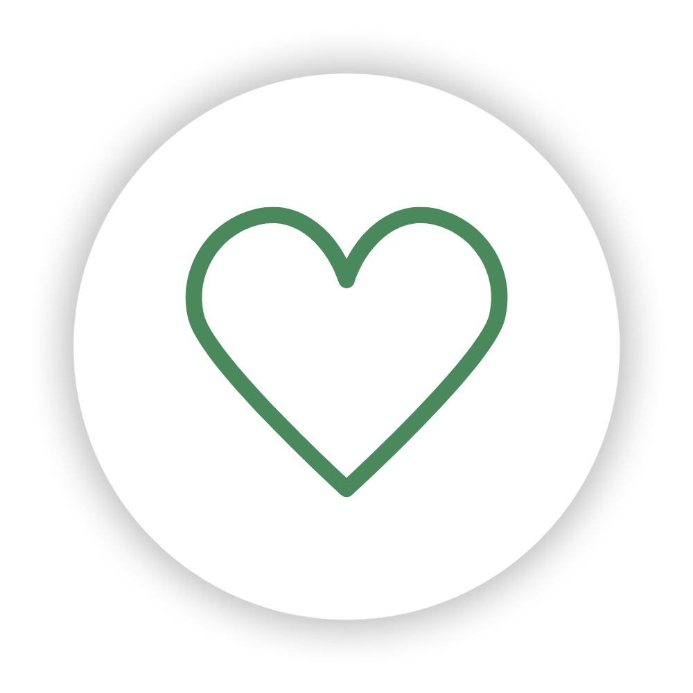 A simple green heart outline icon centered on a white circular background with a subtle gray shadow.