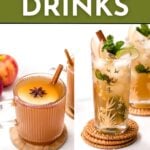 Two apple-based drinks in clear glasses, one with star anise and cinnamon, the other with mint and apple slices; text reads "25+ Apple Drinks.