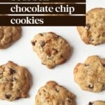 Several chocolate chip cookies are arranged on a white surface. Text on the image reads, "bourbon chocolate chip cookies.