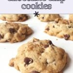 Five chocolate chip cookies with walnuts are displayed on a white surface. Text above them reads "bourbon walnut chocolate chip cookies.