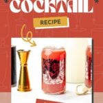A can-shaped glass with a red monaco cocktail and floral design sits next to a gold jigger and bottle opener, under the text "Monaco Cocktail Recipe.
