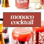 A glass with a floral design filled with a pink monaco cocktail sits on a white surface next to a jigger and bottle opener; text reads “monaco cocktail.”.
