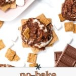Overhead view of no-bake s’mores cookies on graham crackers, surrounded by mini marshmallows, cereal pieces, and Hershey’s chocolate bars.
