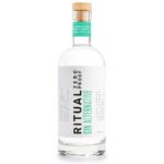 A clear bottle labeled "Ritual Zero Proof Gin Alternative" with a wooden cap and green accents, containing 750ml of alcohol-free spirit.